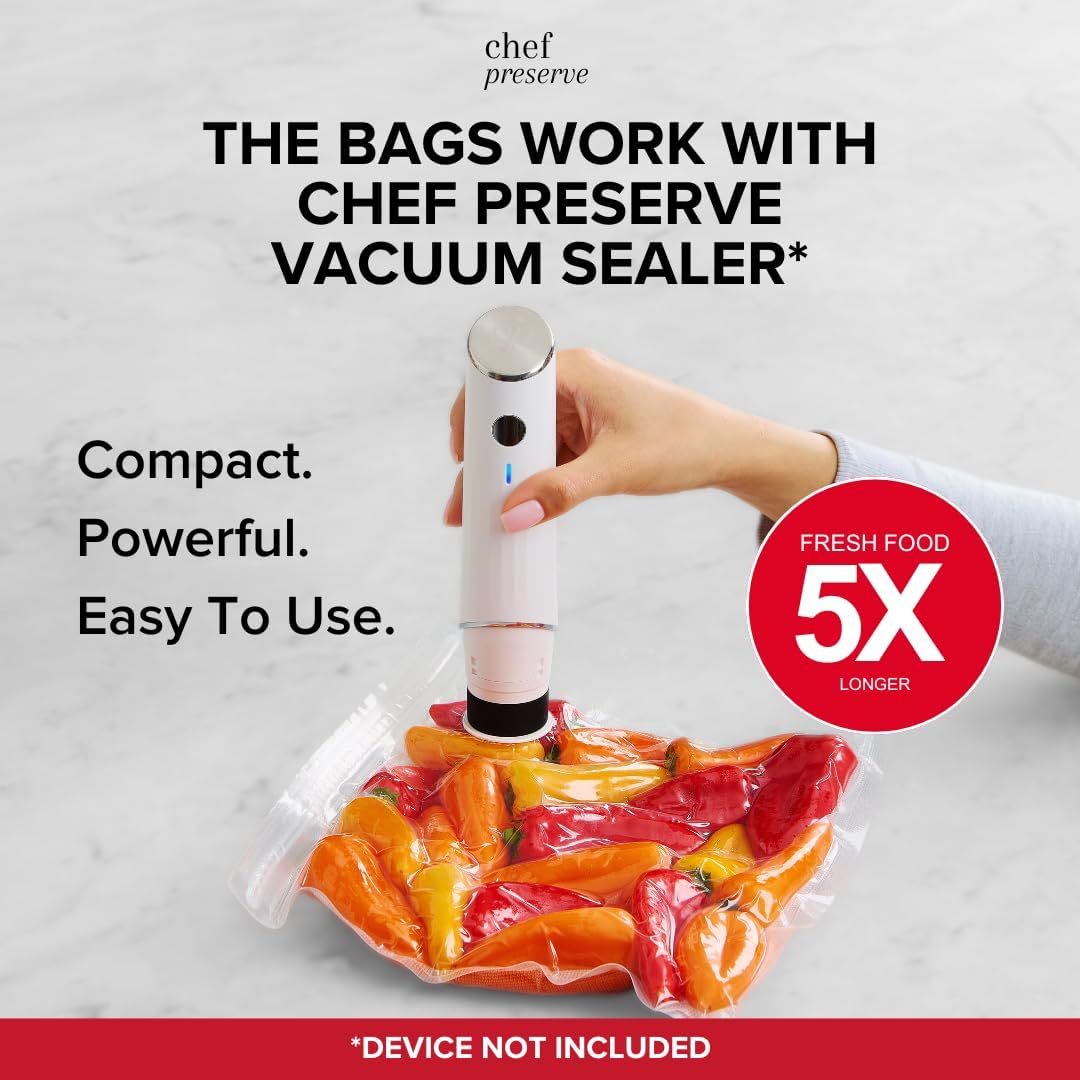 Chef Preserve Reusable Vacuum Sealer Bags for Food – 30 BPA-Free XL Large (12 x 20 in) Food Storage Bags, Freezer, Microwave – Odor-Resistant, Leak-Proof – Compatible with Chef Preserve Vacuum Sealers