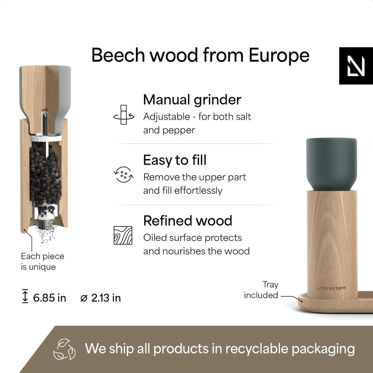 LARS NYSØM Wooden Salt and Pepper Grinder Set Manual with Tray - Salt and Pepper Mills with Adjustable Ceramic Grinder - Elegant Beechwood Pepper and Salt Mill Set for Dining Table (Blue/Gray)