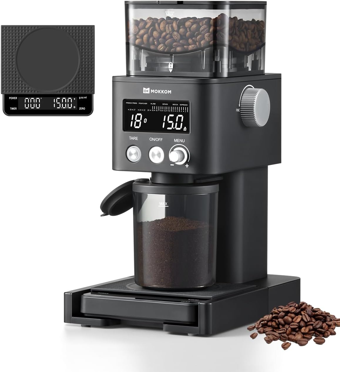 MOKKOM Coffee Grinder with Removable Coffee Scale via Bluetooth Connectivity, Anti-static Conical Burr Coffee Bean Grinder, 31 Precise Settings for Espresso/Drip/Pour Over/Cold Brew/French Press