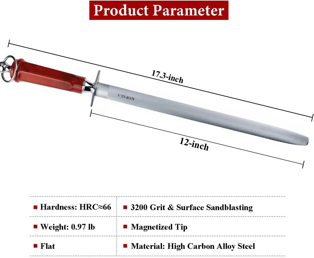 Sharpening Steel Knife Sharpener Rod Flat 12 Inches Honing Steel for Knives Red