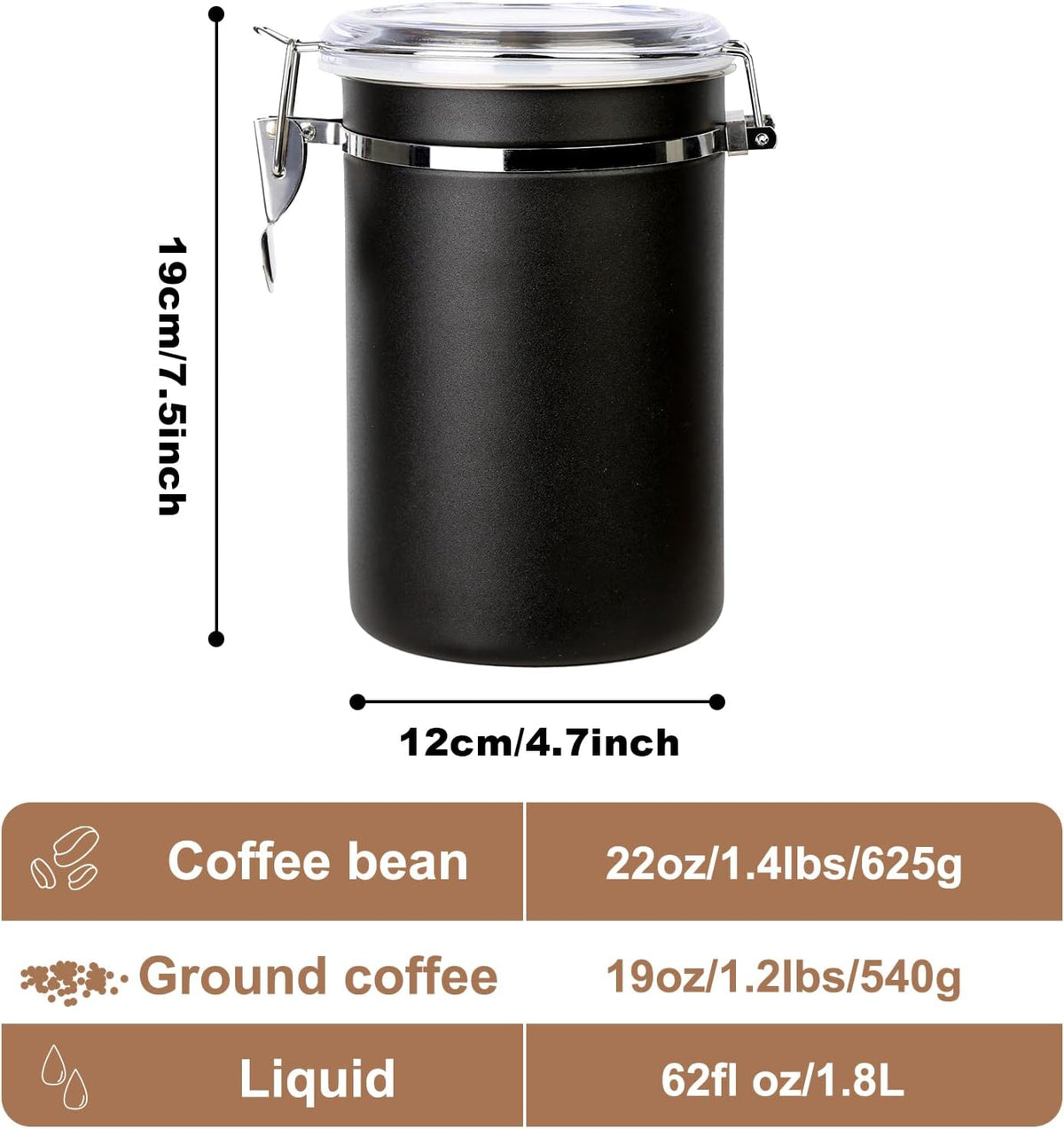 Stainless Steel Food Container with Clear Lids Airtight Storage Container Small Canisters Kitchen Pantry Storage for Cereal, Snacks, Candy, Herbs, Spices, Sugar, Tea (1.8L Dark Black)
