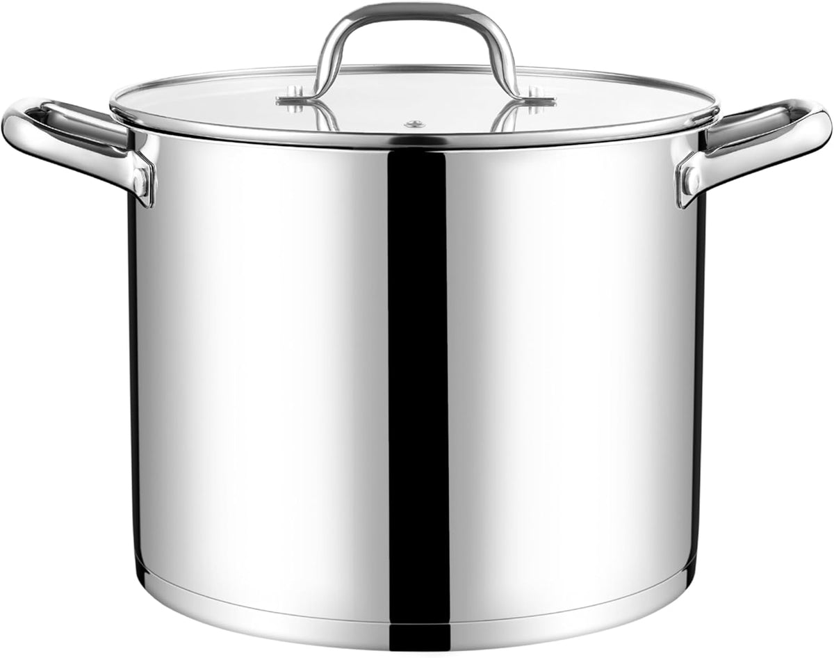 LIANYU 10 Quart Pot with Lid, 10 QT Tri-ply Stainless Steel Stockpot, Heavy Duty Deep Canning Soup Cooking Pot for Gas, Electric, Stoves, Induction, Riveted Handles, Dishwasher Safe