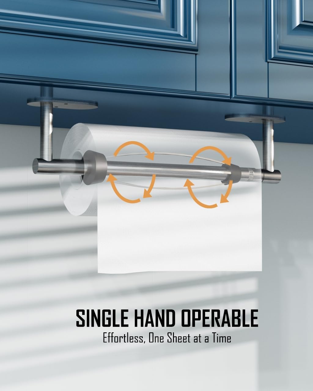 Paper Towel Holder Under Cabinet, Single Hand Operable Roll Holder with Damping Effect,No Drilling or Wall Mounted SUS304 Stainless Steel for Kitchen Bathroom (Sliver)
