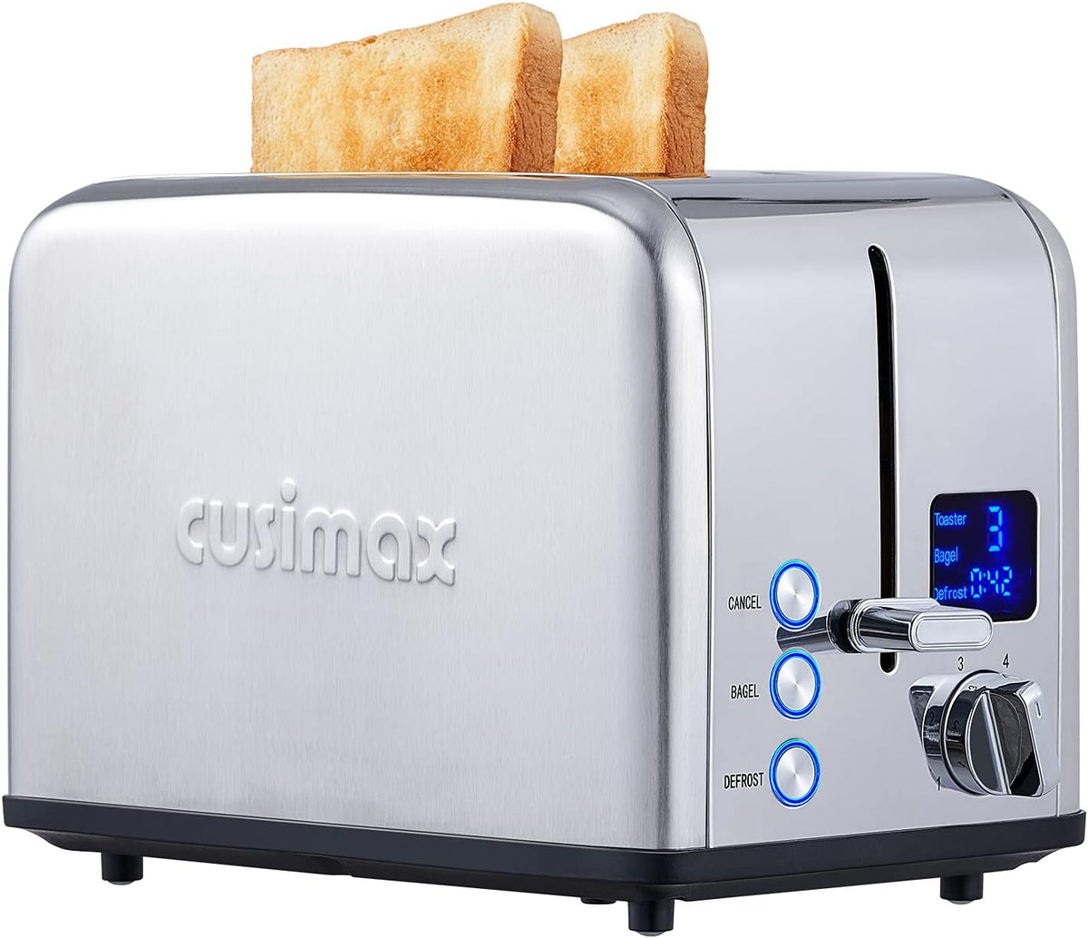 CUSIMAX Stainless Steel 2 Slice Toaster with LED Display, Extra-wide Slots, 6 Browning Settings, Cancel/Bagel/Defrost, Removable Crumb Tray, Silver