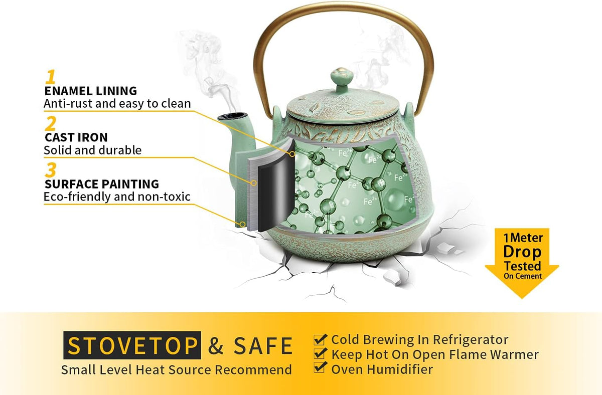 Toptier Tea Kettle for Stove Top, Cast Iron Teapot Stovetop Safe with Infusers for Loose Tea, 54 oz, Light Green