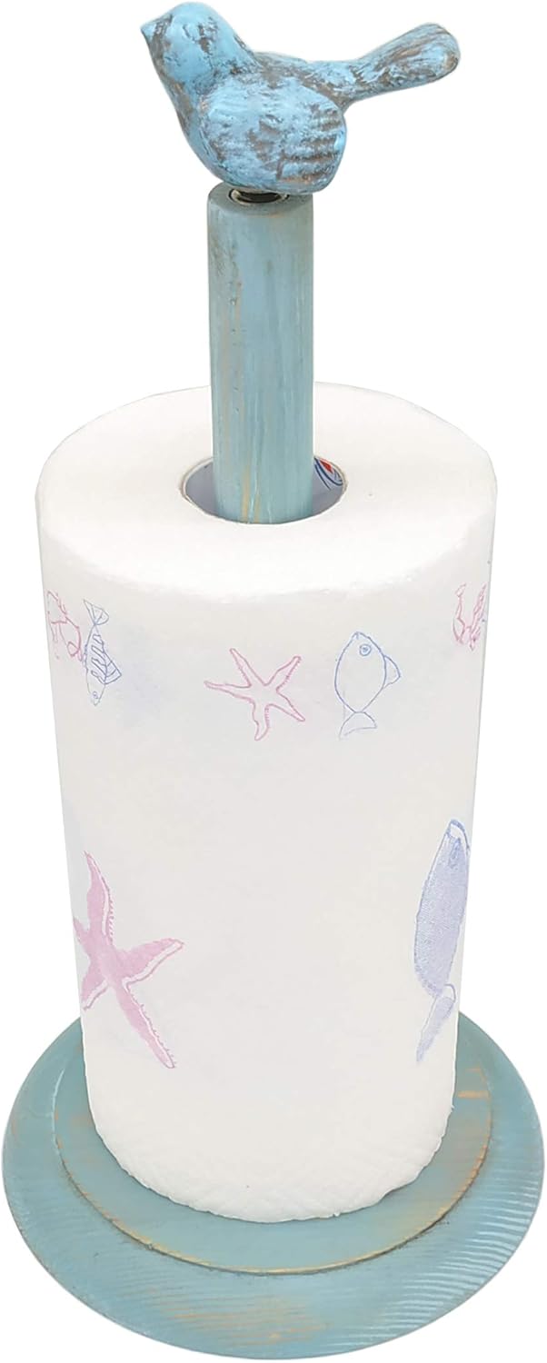 Bird Design Wood Paper Towel Holder Stand Up Paper Towel Holder, Easy One-Handed Tear Kitchen Paper Towel Dispenser with Weighted Base for Standard Paper Towel Rolls - Turquoise