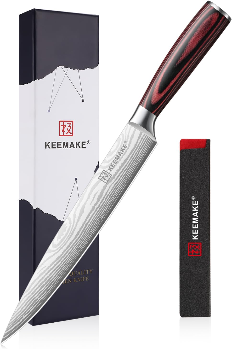KEEMAKE 8 Inch Carving Knife - Ultra Sharp Slicing Knife High Carbon Stainless Steel Blade & Ergonomic Handle for Meat Cutting BBQ Turkey Ham Gift Box Included