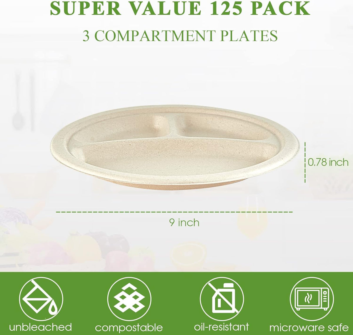 Vplus 100% Compostable Paper Plates, 125 Pack 9 Inch 3 Compartment Plates Disposable, Heavy Duty Biodegradable Plates Made of Sugar Cane Fibers, for Daily meals, Dinner, Parties, BBQ