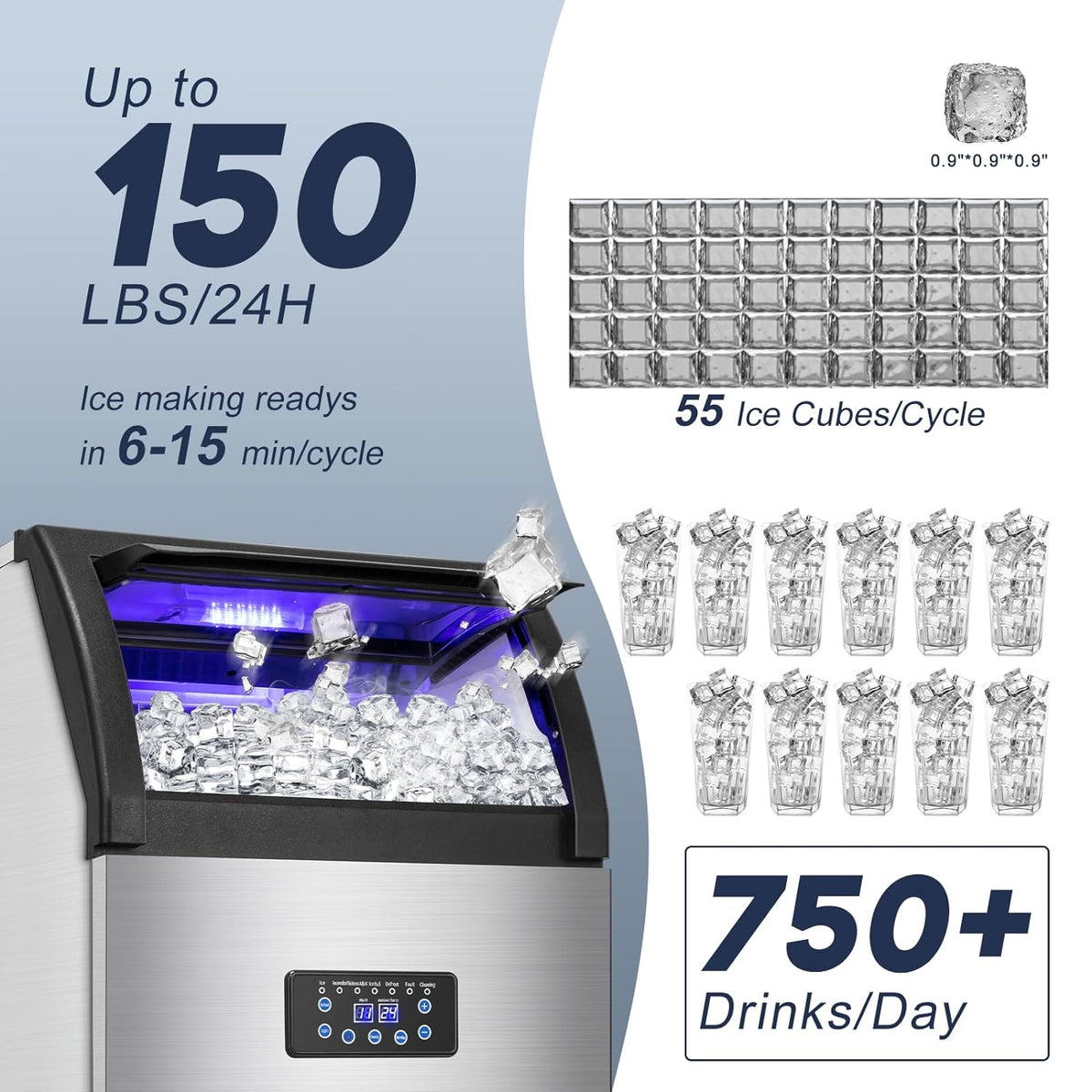 Commercial Ice Maker Machine 150LBS/24H with 50LBS Storage Bin, Stainless Steel Undercounter/Freestanding Ice Maker Machine for Home Bar Outdoor, 55PCS Ice Cubes Ice Machine, Self Cleaning