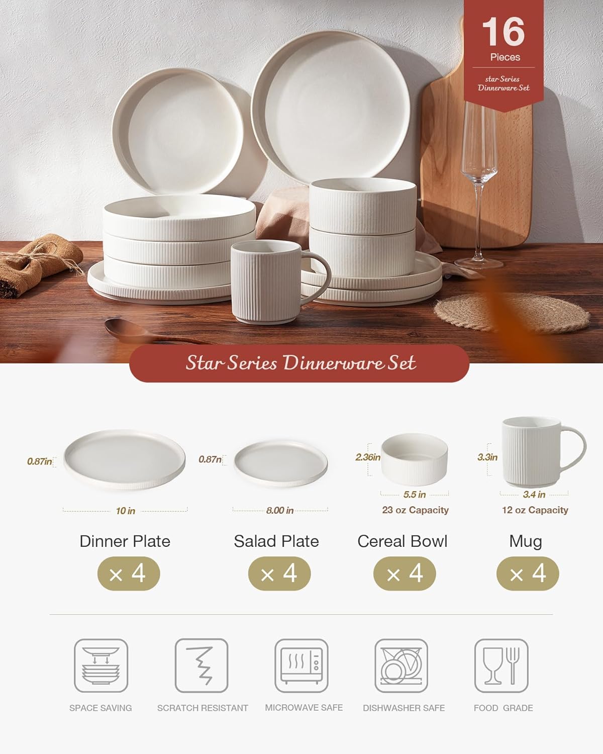 Famiware Star Dinnerware Set with Mugs, Service for 4 (16pcs), Ribbed Stoneware Plates and Bowls Dishes Sets - Chip & Scratch Resistant, Microwave & Dishwasher Safe, Matte White
