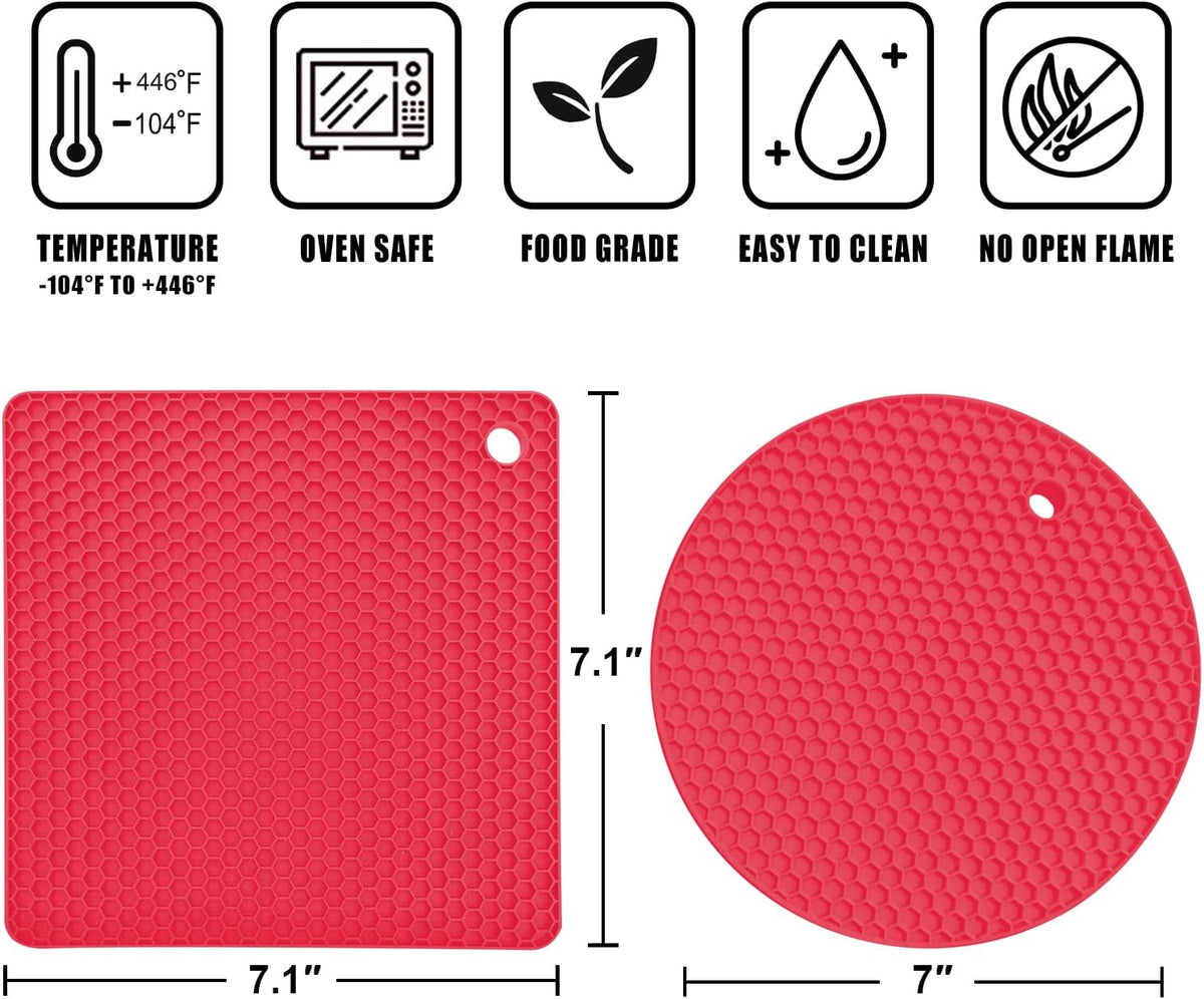 Walfos Silicone Trivet Mats - 4 Heat Resistant Pot Holders, Multipurpose Non-Slip Hot Pads for Kitchen Potholders, Hot Dishers, Jar Opener, Spoon Holder, Food Grade and BPA Free (Red)
