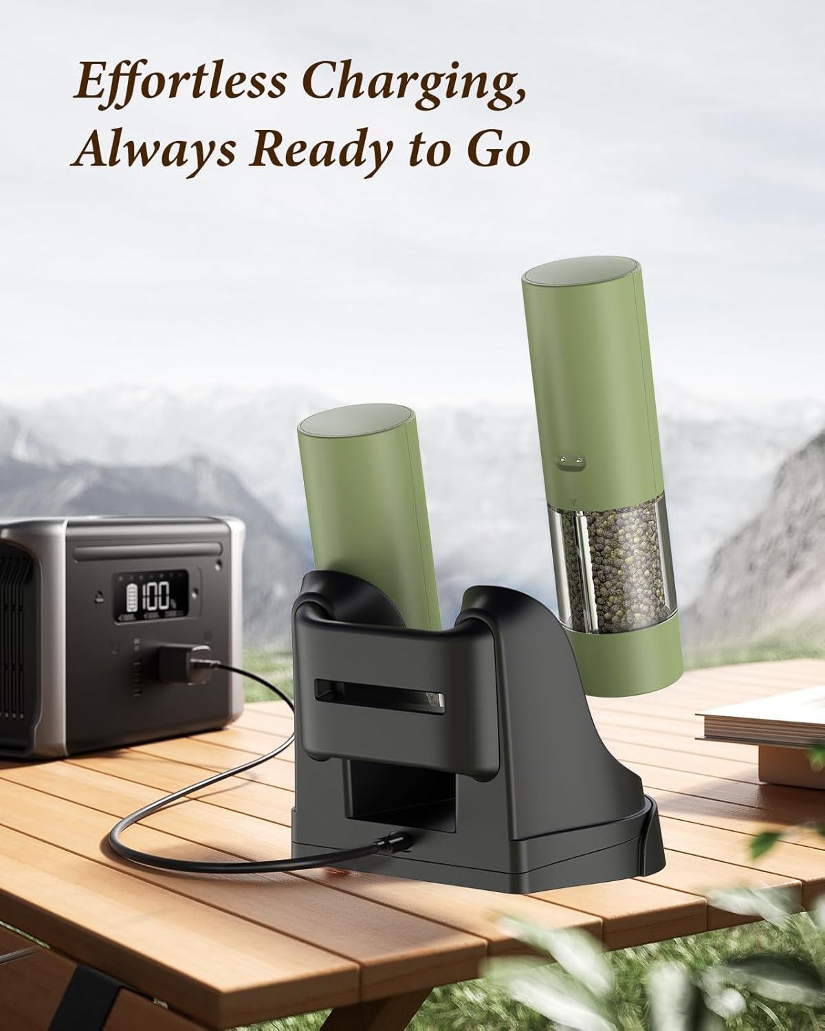 Electric Salt and Pepper Grinder Set - Automatic Refillable Salt and Pepper Grinders with Charging Base & LED Light, 6-Level Adjustable Coarseness with External Dial, Ideal Kitchen Gadget，Green