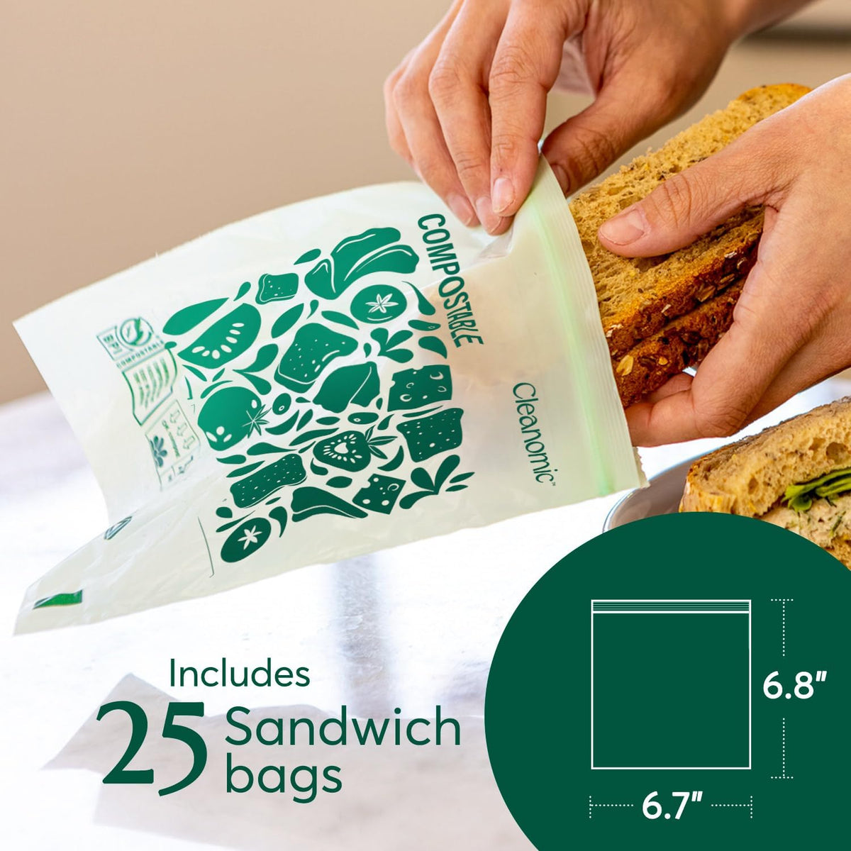 CLEANOMIC Compostable* Food Storage Bag Bundle - Gallon, Quart, Sandwich and Snack Sizes