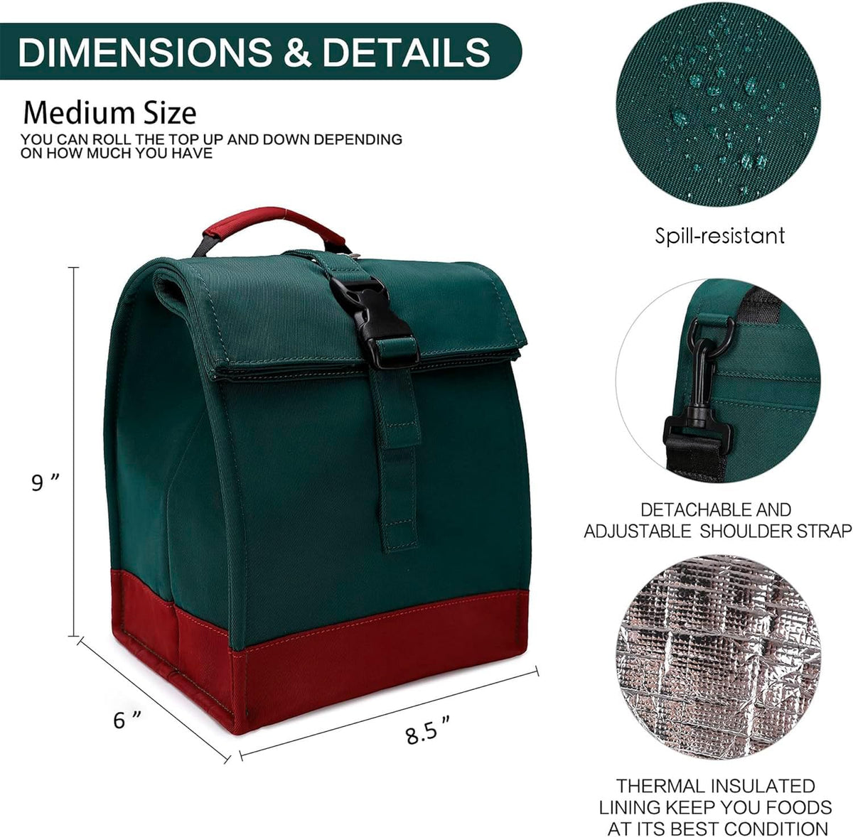 SUNNY BIRD Insulated Lunch Bag Rolltop Lunch Box Tote Lunchbox Bag for Women, Men, Adults and Teens (Green)