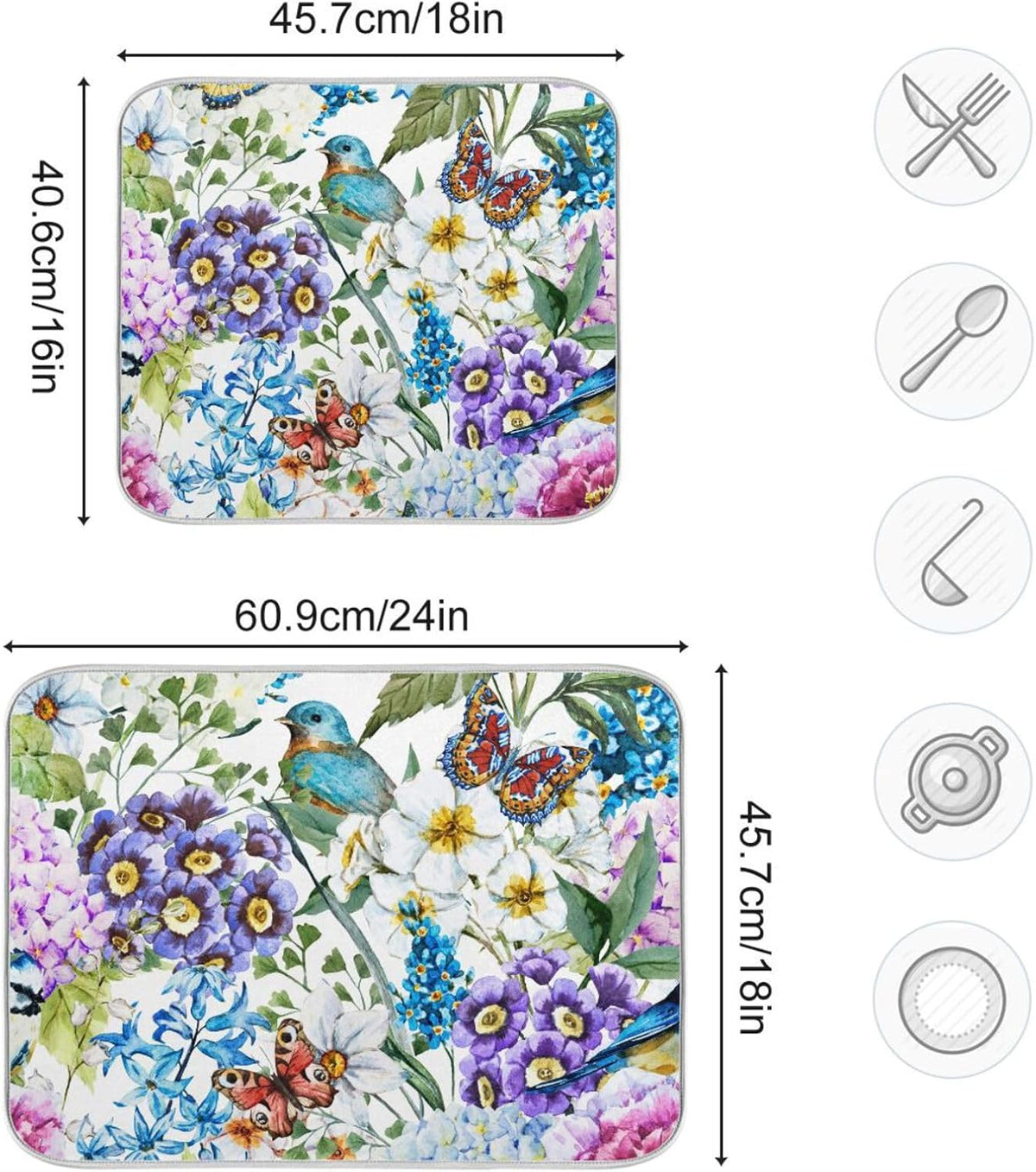 Flowers Birds Butterflies Dish Drying Mat for Kitchen Counter Absorbent Microfiber Drying Pad, Medium 16x18 in, Reversible Drainer Mats