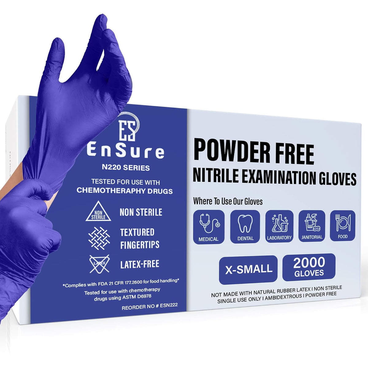 EnSure Nitrile Exam Gloves, Powder-Free, Latex-Free, Chemo Rated, Non-Sterile, Light Duty, Textured Tips, Medical, Surgical, Food Safe, Cleaning, Dental, Lab Use - 3 Mil (X-Small, 200 Count)