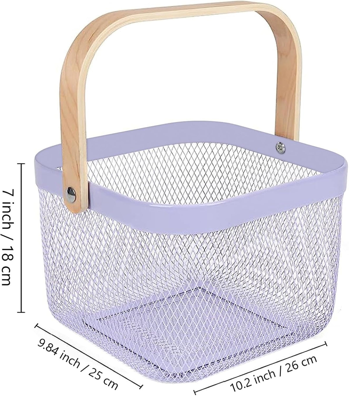 Metal Mesh Steel Basket, Storage Organizer Basket Multi-functional Hanging Kitchen Baskets Fruit Basket Bin with Bamboo Handle for Kitchen Bathroom Picnic Shopping Decor Cabinet Home, Purple