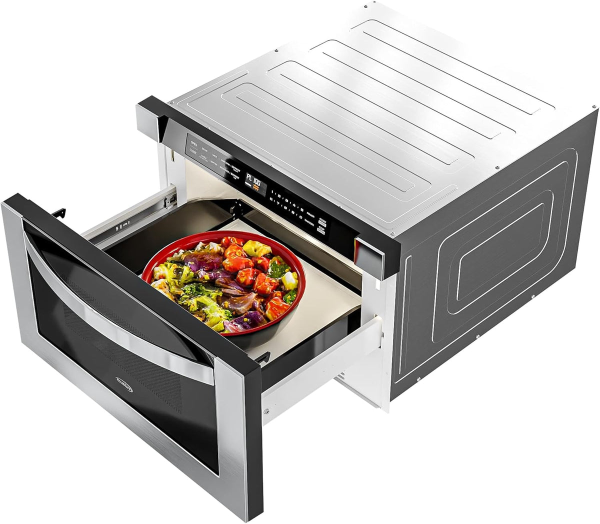 KoolMore KM-MD-1SS 24 Inch Stainless-Steel Microwave Drawer Capacity, 1000W Power with 10 Custom Cooking Levels, Memory, and Timer Functions, Wall-Mounted with Flat Bottom, 24 in/1.2 Cu. Ft
