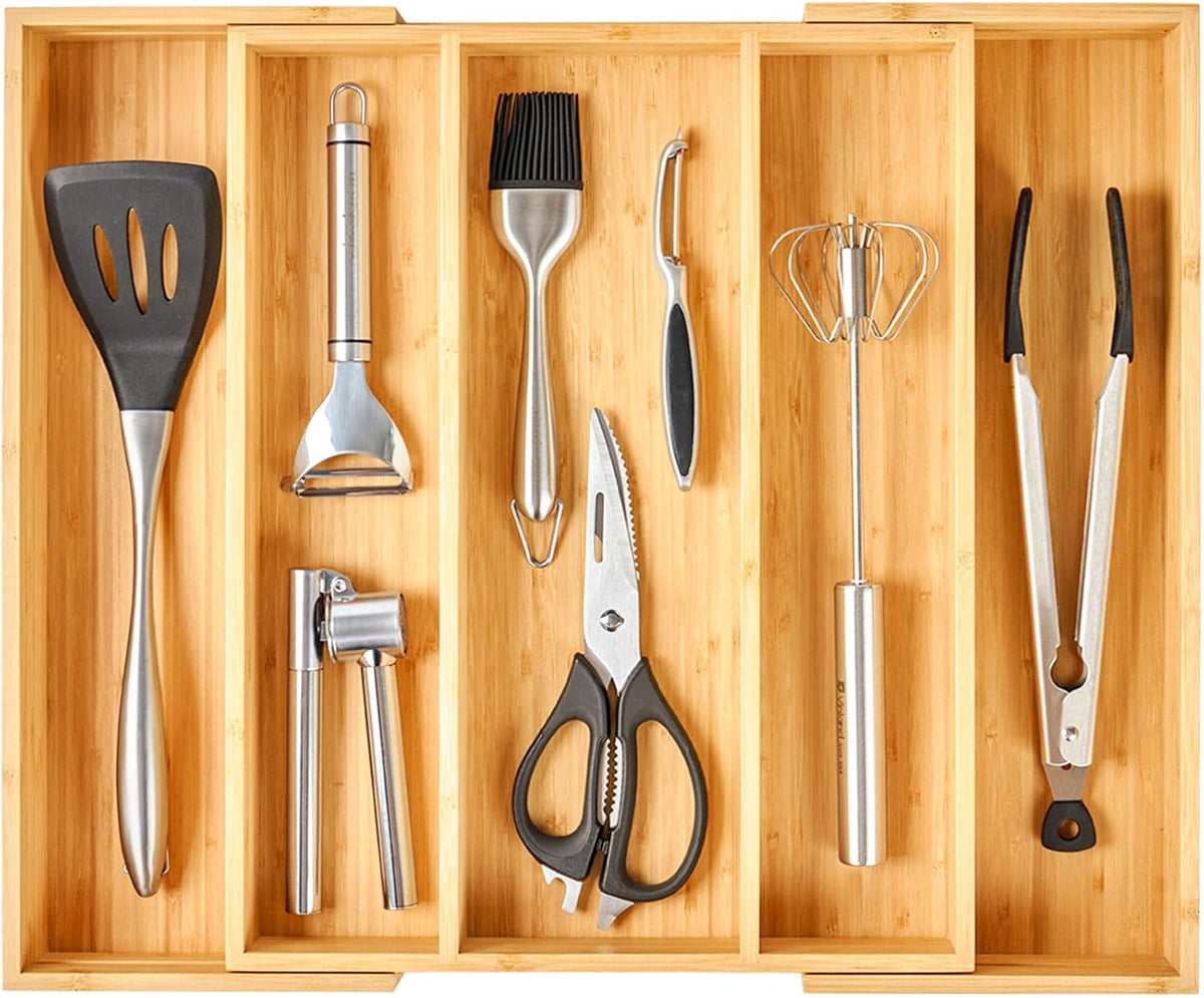 Umilife Expandable Kitchen Drawer Organizer, 2.5" High Bamboo Utensils Silverware Tray, Adjustable Large Deep Wood Organization Holder