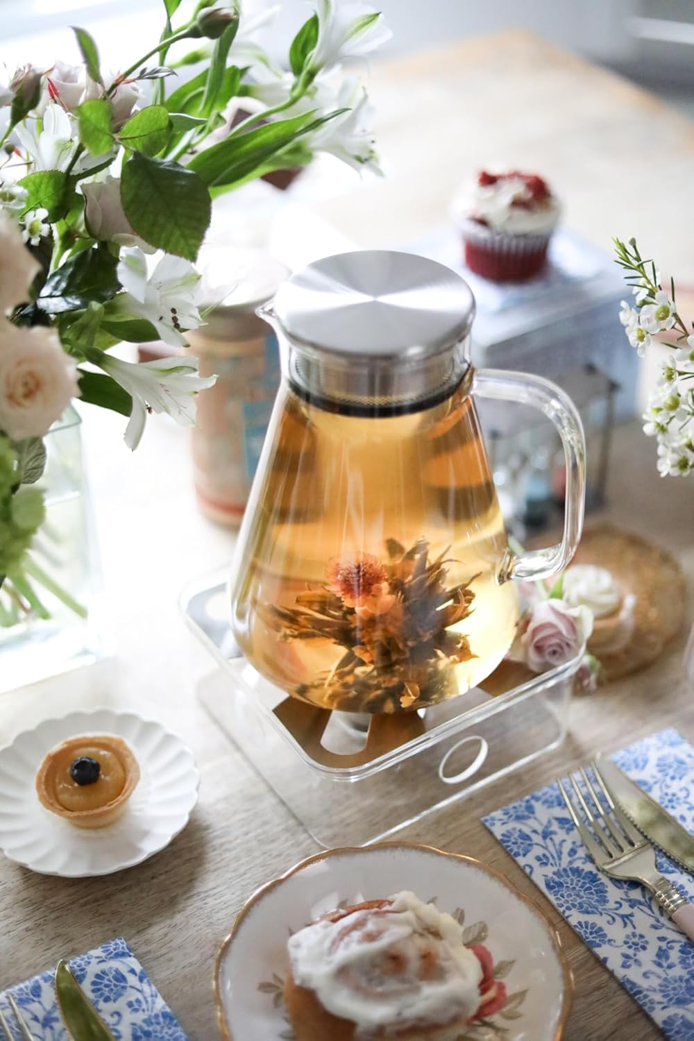 Teabloom One-Touch Tea Maker, 2-in-1 Teapot and Kettle with Stainless Steel Filter Lid for Loose Tea – Stain-free Borosilicate Glass Teapot (27 Oz) – Tea Connoisseur's Choice
