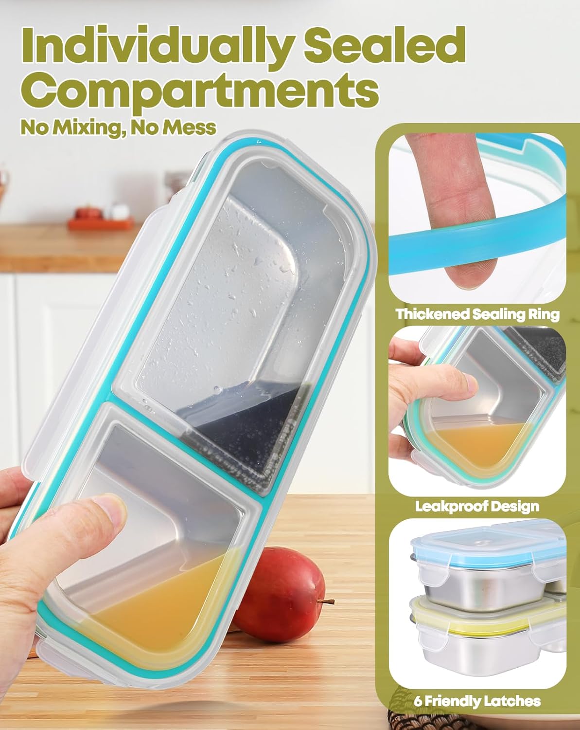2Pack Stainless Steel Snack Containers for Kids Adults, Reusable 2 Compartment Snackle Box Container with Leakproof Lids Metal Bento Lunch Boxs Food Storage Containers for Travel Picnics Office School