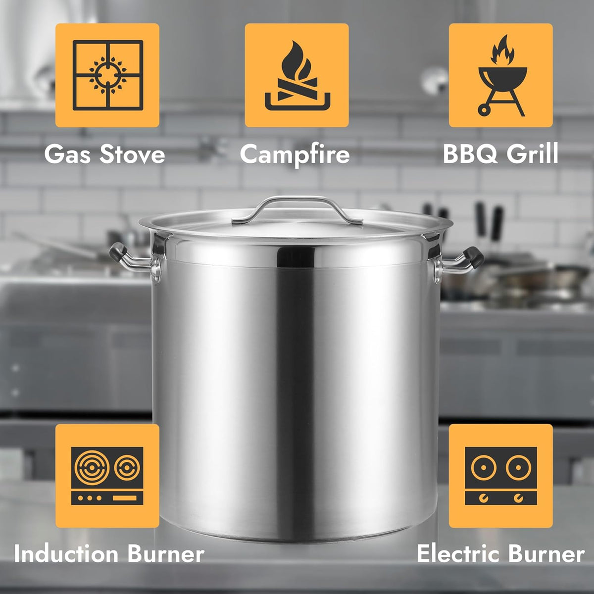 CURTA 32 Quart Large Stock Pot with Lid, NSF Listed, Induction Ready, 3-Ply Clad Base, 18/8 Stainless Steel Cooking Pot, Commercial Cookware for Soup, Stew & Sauce, Riveted Silicone Handle