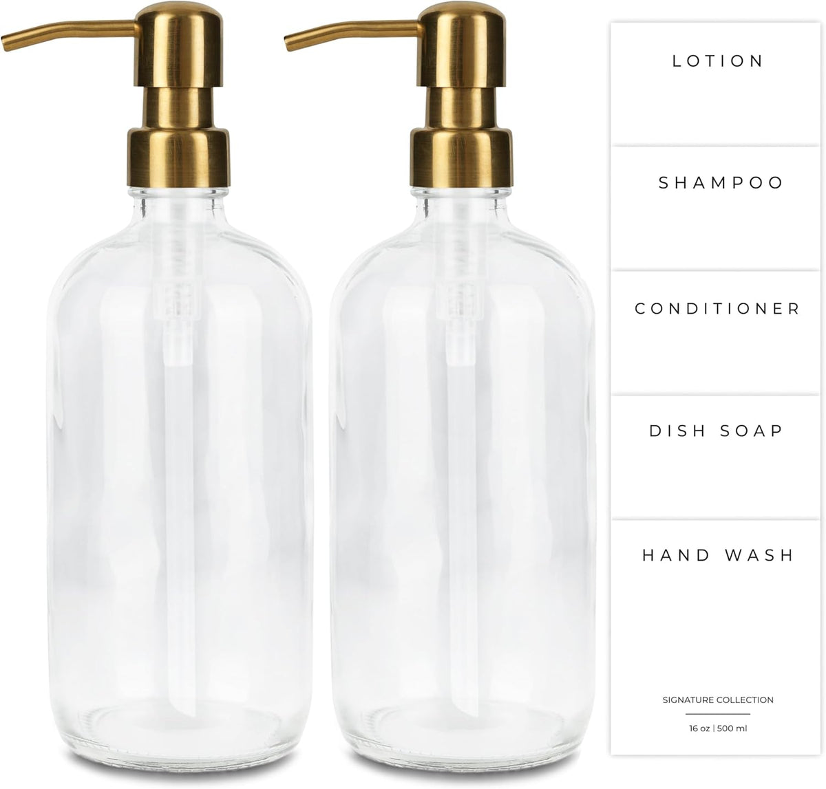 Emerson Essentials Soap Dispenser, Dish Bottles for Kitchen - Soap Bathroom Set, Glass Bottle Dispenser with Pump and Labels, 16 Oz | 2-Pack