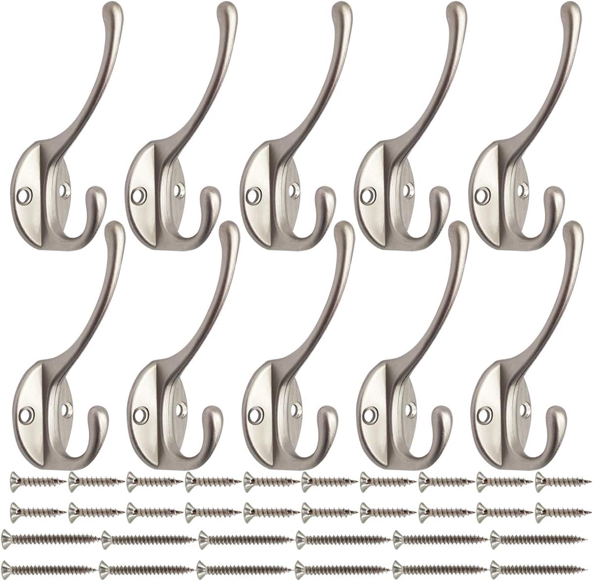IBosins 10 Pack Heavy Duty Dual Coat Hooks Wall Mounted with 40 Screws Retro Double Hooks Utility Silvery Hooks for Coat, Scarf, Bag, Towel, Key, Cap, Cup, Hat (Silvery)