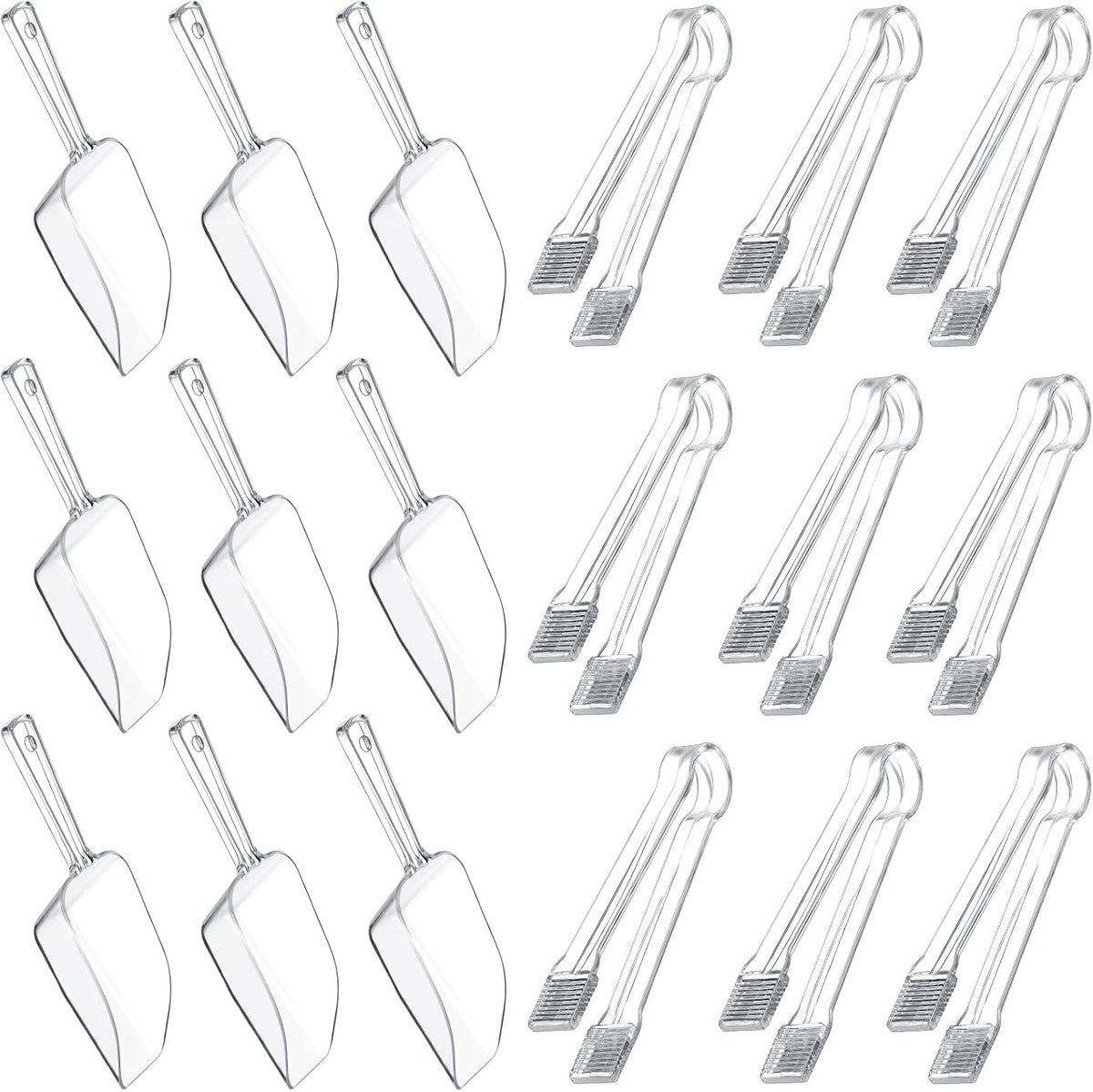 Roshtia 18 Pcs Plastic Serving Tongs Mini Kitchen Tongs Utility and Plastic Kitchen Scoops Clear Ice Scoop Mini Clear Buffet Scoop for Candy Dessert Buffet Ice Snack Coffee Tea