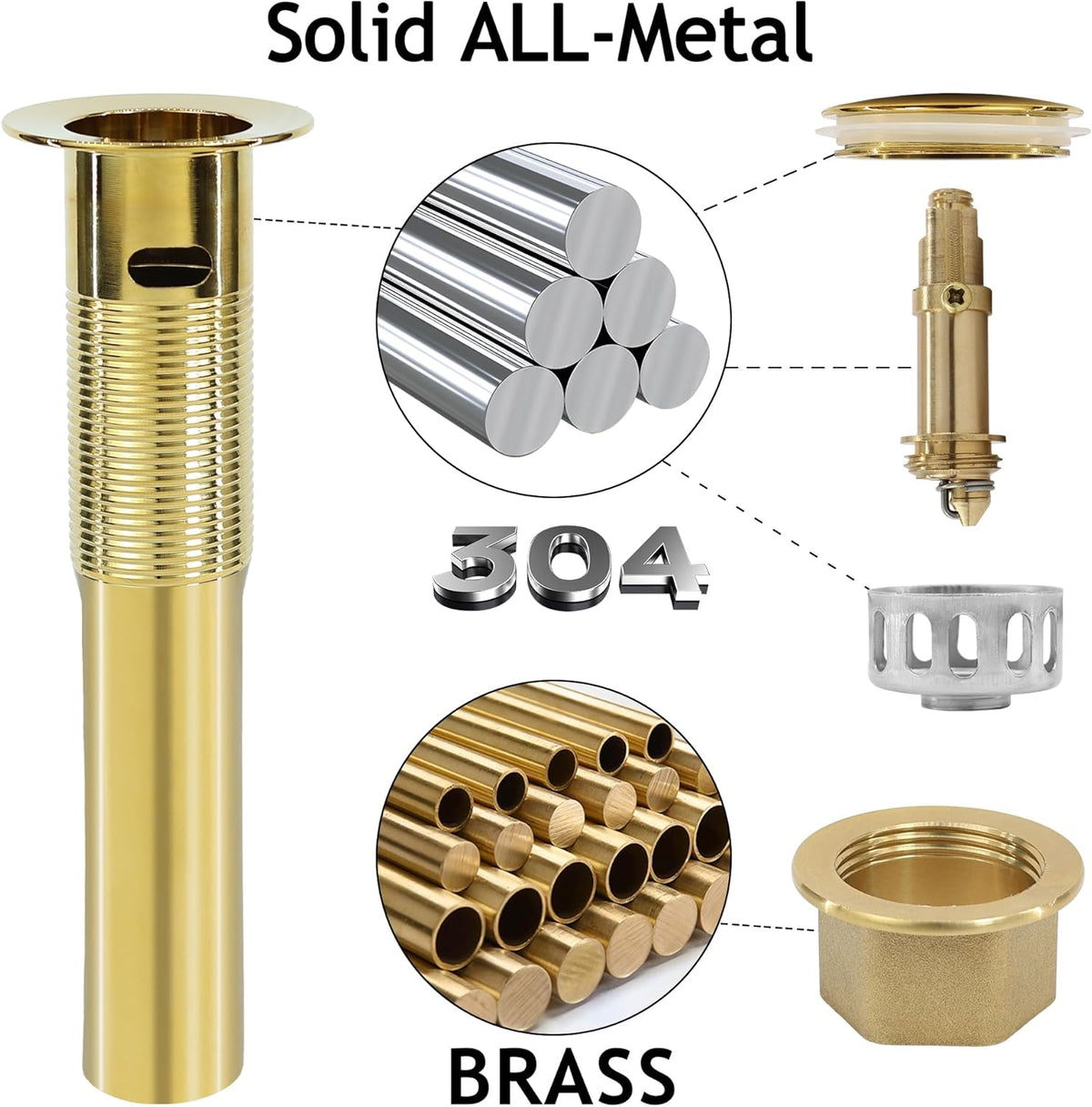 Bathroom Sink Drain,2 Pack Gold Stainless Steel Bathroom Drain Stopper with Overflow,Small Cap Pop Up Drain Assembly with Detachable Strainer Basket,Built-in Anti-Clogging