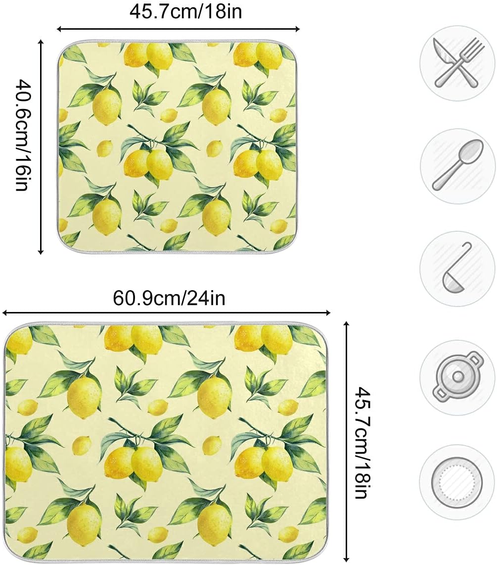 Super Absorbent Dish Drying Mat, Microfiber Fast-Drying Dish Mat, 24" x 18", Kitchen Dish Drying Pad, Vintage Yellow Lemon With Leaves