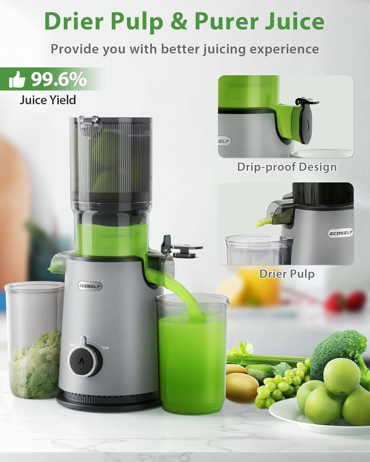 Cold Press Juicer, ECOSELF Juicer Machines with Large Feed Chute Fit Whole Fruits & Vegetables, Self Feeding for Juice Extractor Machine, Easy to Clean and Assemble, High Juice Yield