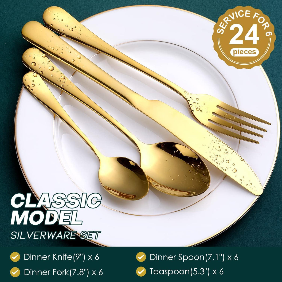 Gold Silverware Set, OGORI 24-Piece Gold Forged Stainless Steel Flatware Set, Service of 6