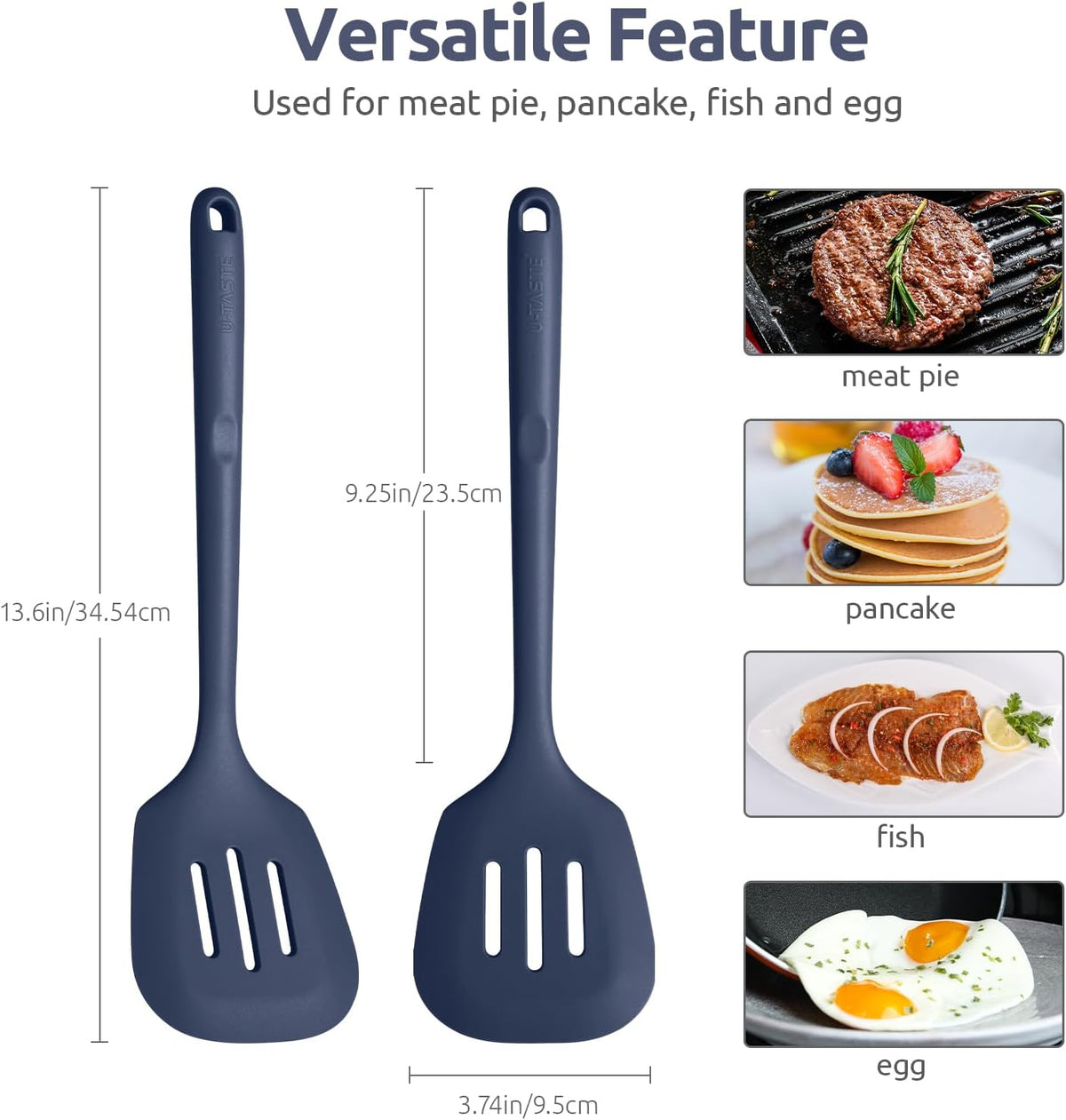 600ºF Heat Resistant Slotted Turner: U-Taste 13.6" Silicone Kitchen Spatula Flipper, 3.74in Wide Food Grade Flexible Rubber Cooking Utensil for Egg, Pancake, Cookie, Nonstick Cookware-Midnight Blue