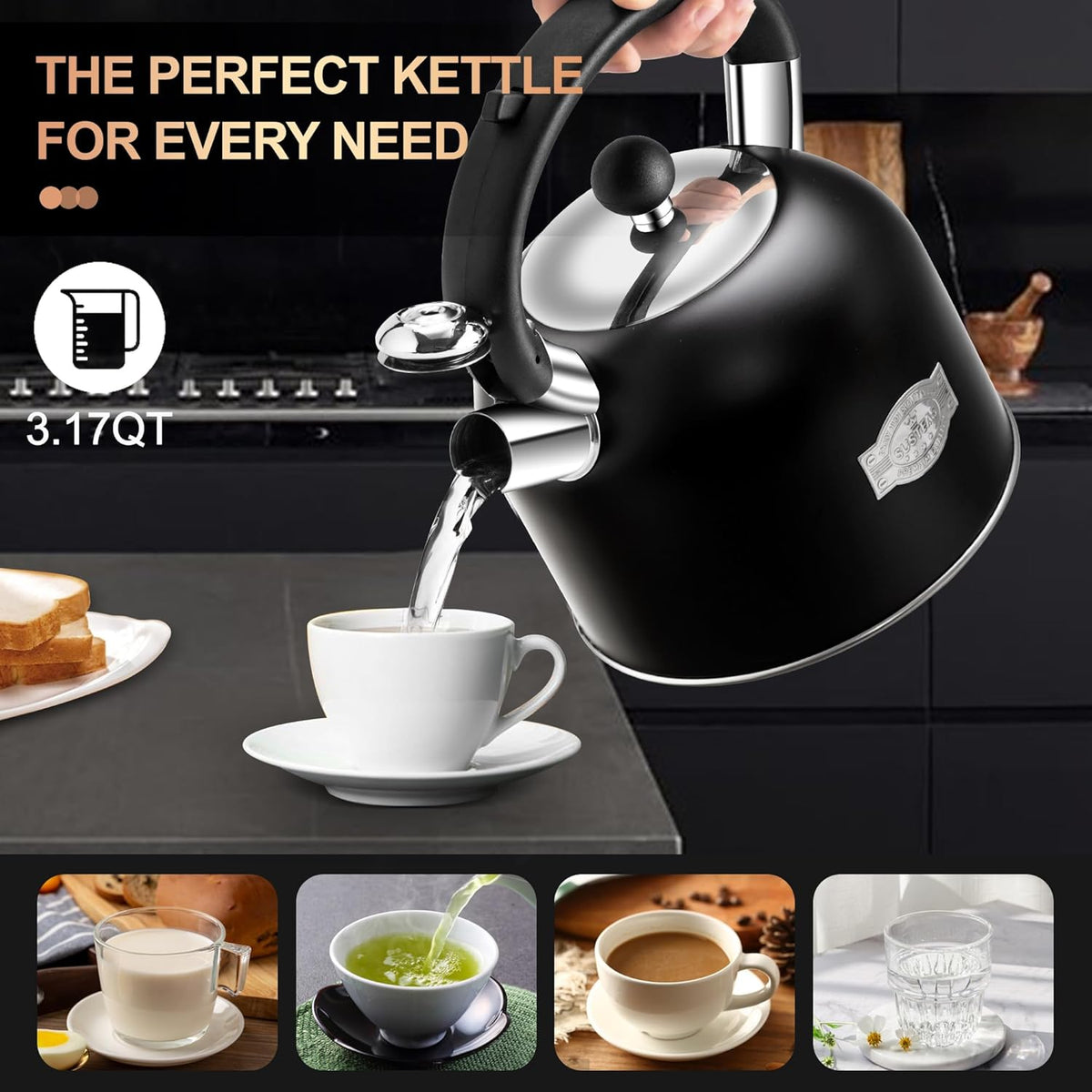 SUSTEAS Tea Kettle - 3.17QT Whistling Kettle with Ergonomic Handle - Premium Stainless Steel Tea Pots for Stove Top, Chic Vintage Teapot with Composite Base, Work for All Stovetops (Black)