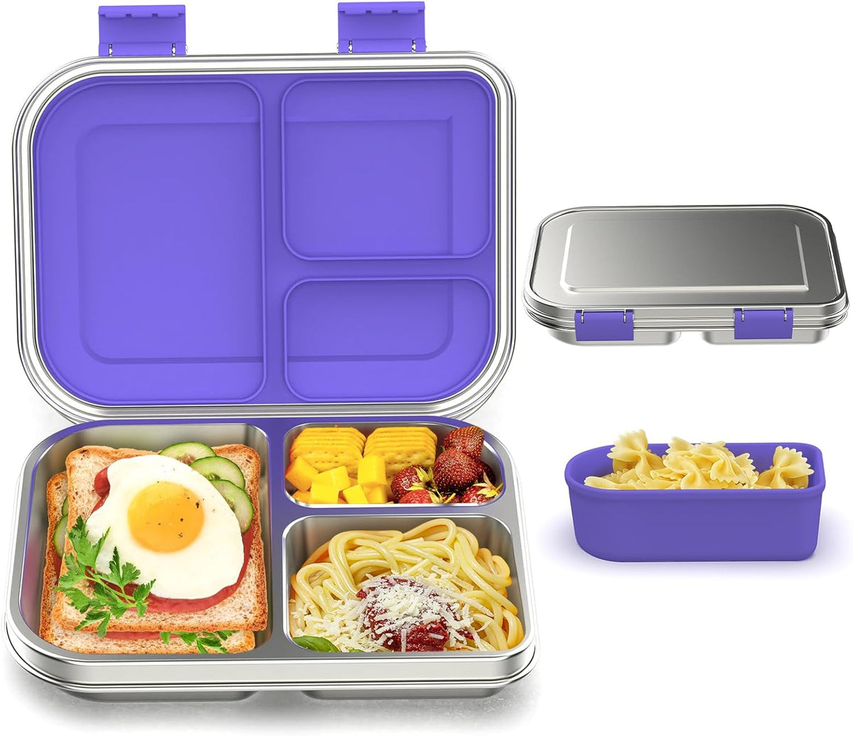 Stainless Steel Bento Box Kids, 3 Compartments Leak Proof Metal Bento Lunch Box, 304 Stainless Steel Bento Lunch Containers for School and Office,Dishwasher Safe, BPA-Free-Purple