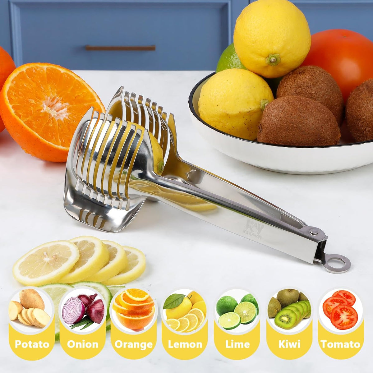KAYCROWN Tomato Slicer Holder with Paring Knife Set, Stainless Steel Lemon Slicer Cutter for Slicing, Onion Holder for Slicing, Vegetable Cutter for Tomato, Lemon