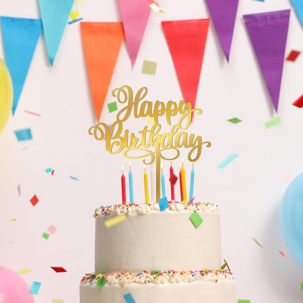 1PCS Gold Happy Birthday Cake Topper, 5.1 x 6.5 Inches Mirror Acrylic Signs Birthday Cake Decorations, Birthday Cake Toppers for Baby Shower, Gender Reveal Cake Decorations, Dessert Parties