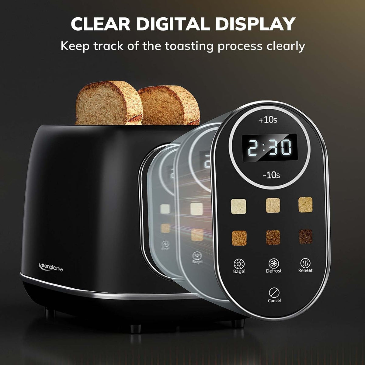 Keenstone Smart Touch Screen Toaster 2 Slice, Retro Wide Slot Stainless Steel Toaster with 6 Browning Levels, Reheat & Defrost, for Bagel, Toast, Bread, Removable Crumb Tray, Black