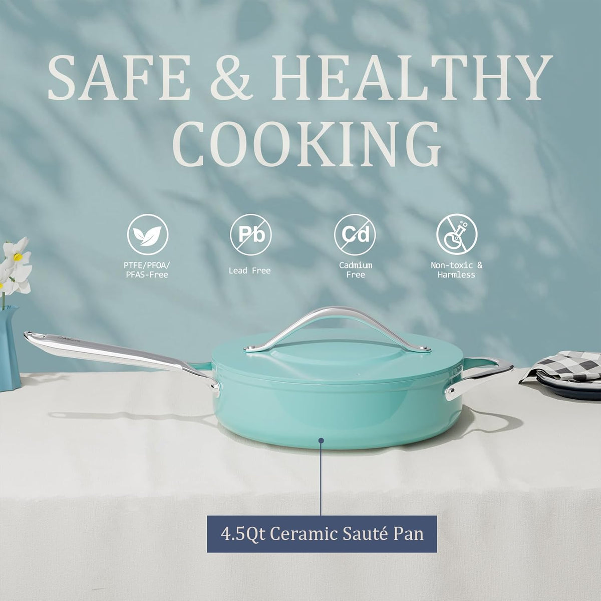 Nonstick Ceramic Sauté Pan with Lid (4.5 qt, 11"), Deep Frying Pan for All Cooktops - Non Toxic, PTFE/PFAS Free, Dishwasher & Oven Safe up to 500°F - with Stay Cool Handle - Caribbean Blue