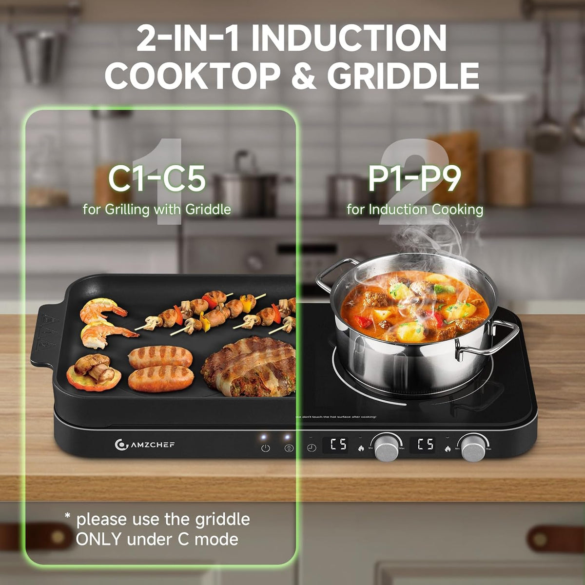 AMZCHEF Double Induction Cooktop with Removable Griddle Pan Non-stick, 1800W 2 burner Portable Induction Stove With Sensor Touch 9 Power Levels, 99 Min Timer, Black