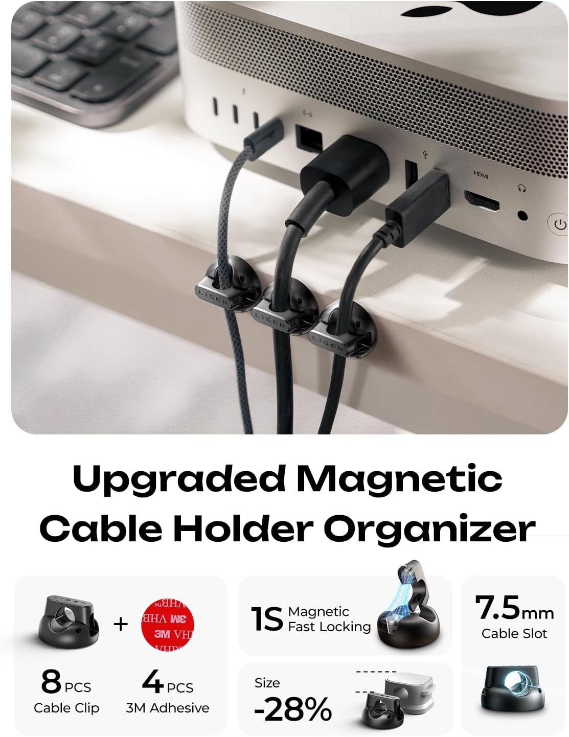 8 Pack Charging Cord Organizer [1S Snap-on] LISEN Magnetic Charging Cord Holder, Easy Open Cable Holder with Strong Adhesive, Cable Management Clips Neatly for Nightstand, Desk, Home, Office, Car