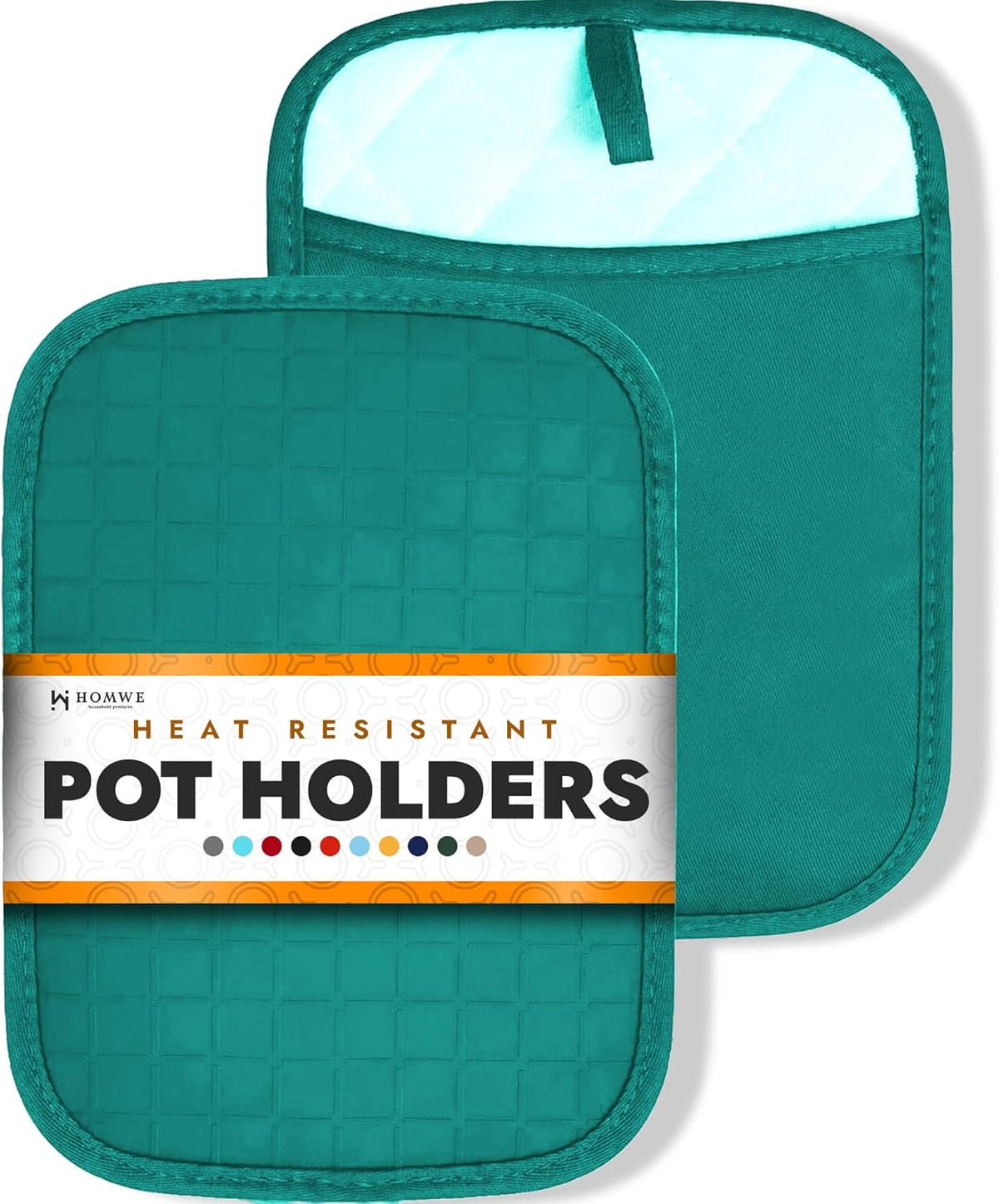 HOMWE Silicone Kitchen Pot Holders with Pockets, 2 Pc Set Trivets, Steam and Heat Resistant Hand and Countertop Protection Hot Pads, Non-Slip Grip, Terrycloth Interior Lining, Aqua Turquoise
