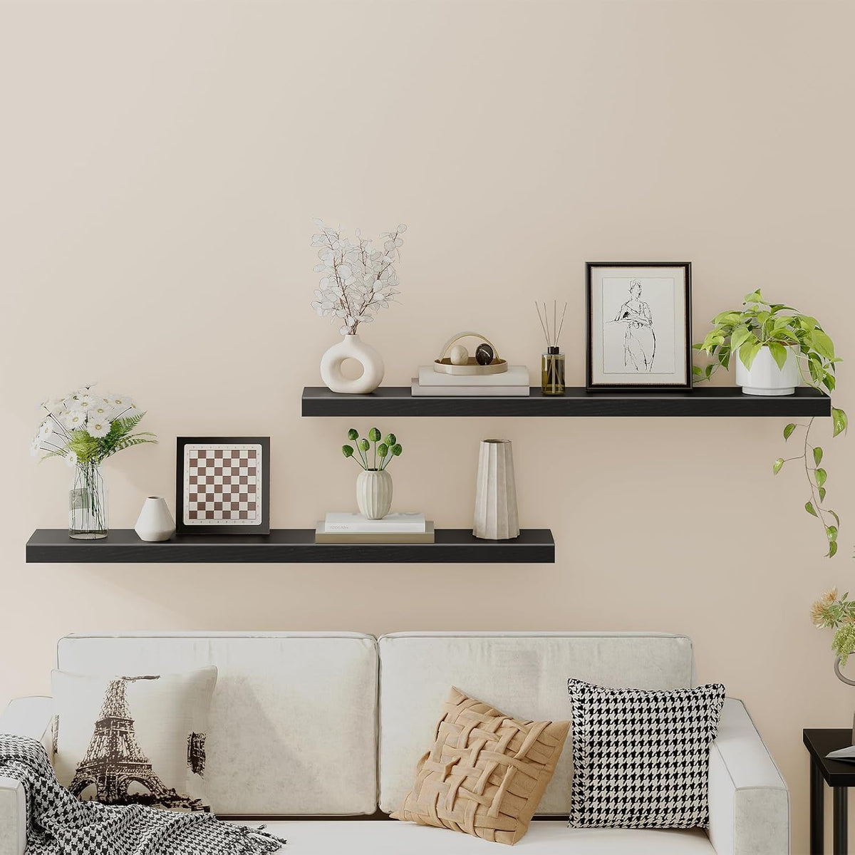 HOOBRO Floating Shelves for Wall, Wall Mounted Shelf Set of 2, 55" Hanging Shelf with Invisible Brackets, for Wall in Bathroom, Bedroom, Toilet, Kitchen, Living Room, Office, Black BK140BJP201