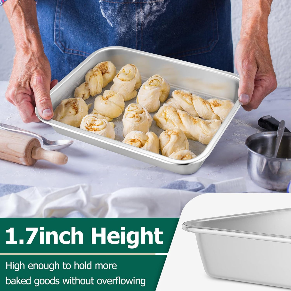 TeamFar Lasagna Pan, 10.6 x 8.3 x 1.7inch Stainless Steel Rectangular Cake Brownie Pan Casserole Baking Dish, Compact for Toaster Oven, Non Toxic & Healthy, Brushed Finish & Easy Clean-Dishwasher Safe
