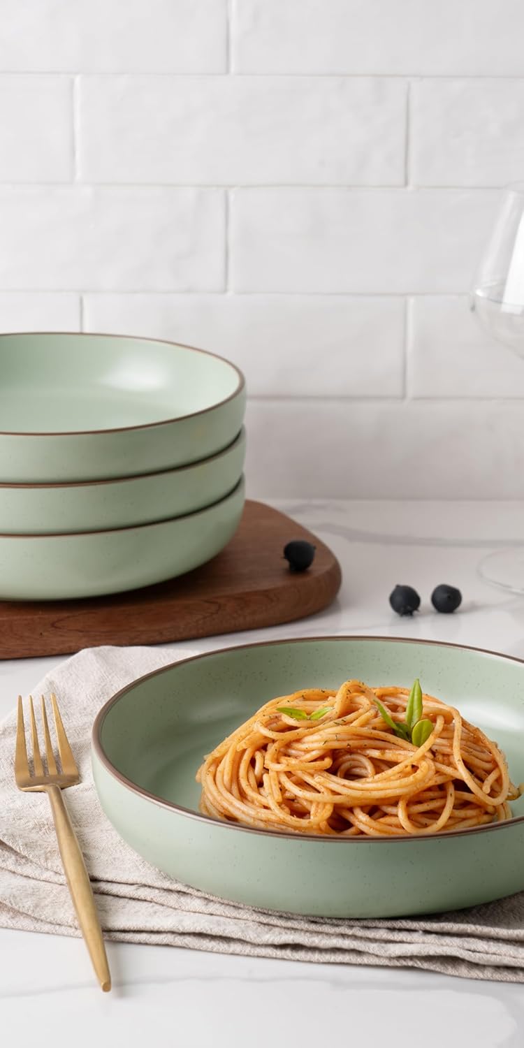 famiware Mercury Pasta Bowls Set of 4, 33 oz Large Salad Bowls, Stoneware Pasta Plates Bowls, Serving Bowls for Kitchen, Microwave & Dishwasher Safe, Light Green