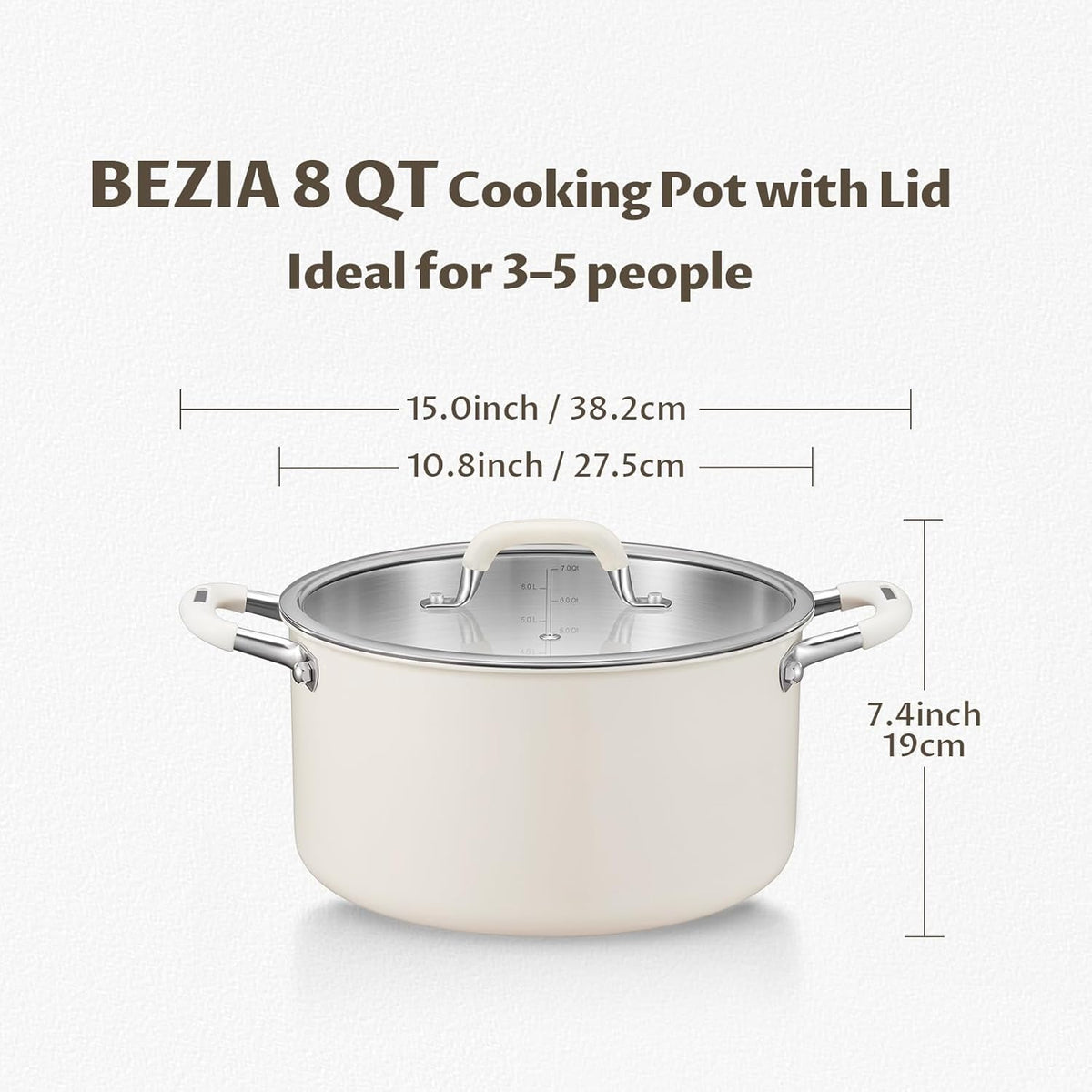 8 Quart Pot with Lid, BEZIA Tri-Ply Stainless Steel Stock Pots, Large Cooking Pots with Silicone Handle, Soup Pot for Induction Cooktop, Compatible with All Cooktops, Dishwasher Safe