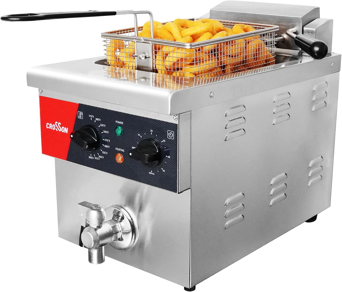 CROSSON 8L Countertop Electric Deep Fryer with Draining Valve,Solid Basket and Lid for Restaurant Use 120V,1800W Stainless Steel Commercial Deep Fryer