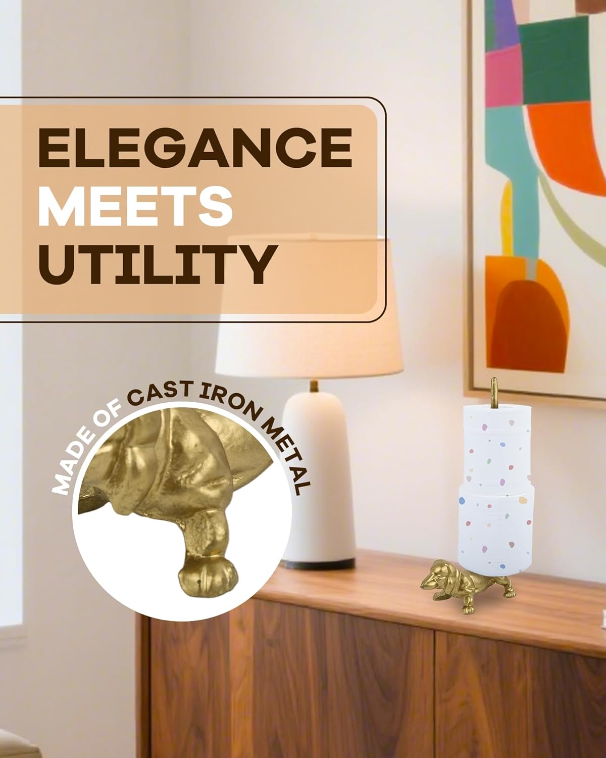 Gold Dog Paper Towel Holder for Kitchen & Bathroom - Decorative Cast Iron Free Standing Paper Roll Stand with Heavy Base, Slim Design Counter Organizer for Home, Apartment & Office