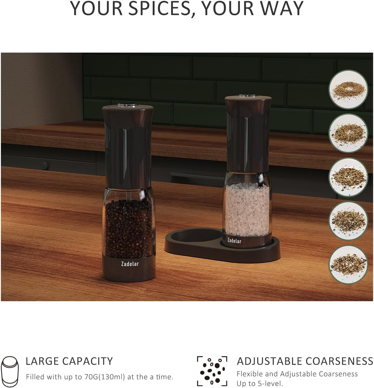 Electric Salt and Pepper Grinder Shakers Set with LED Power Display-Rechargeable-No Battery Needed-Automatic Salt Pepper Mill Grinder,LED Adjustable Coarseness,LED Light,One-Hand Operation